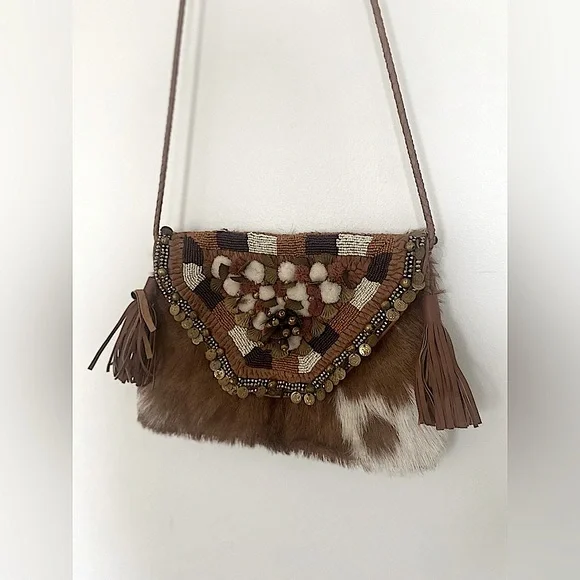 Anthropologie x ibBan - Vintage Calf Hair Leather Beaded Flap Crossbody … - Picture 1 of 7
